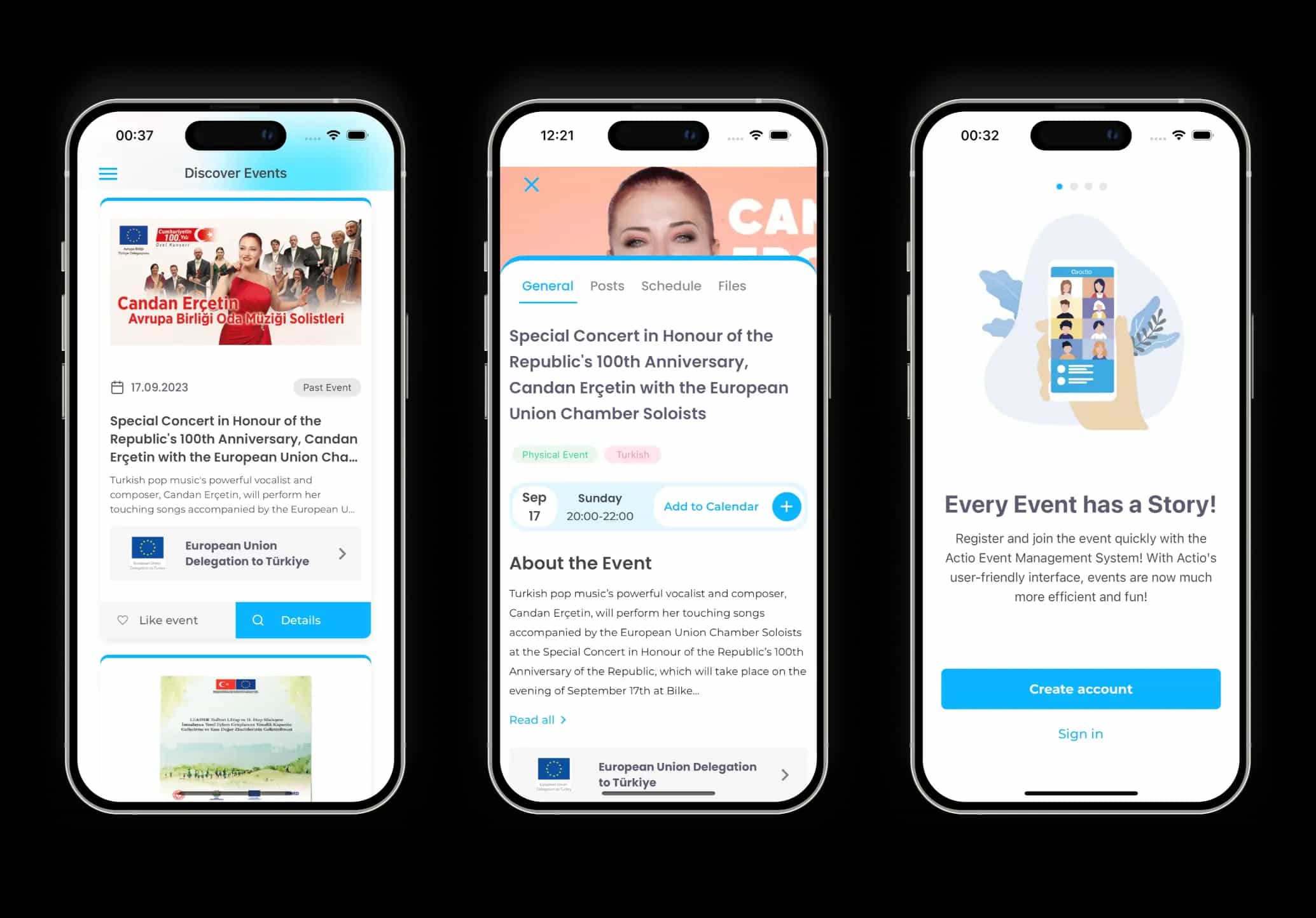 Screens from the Actio app