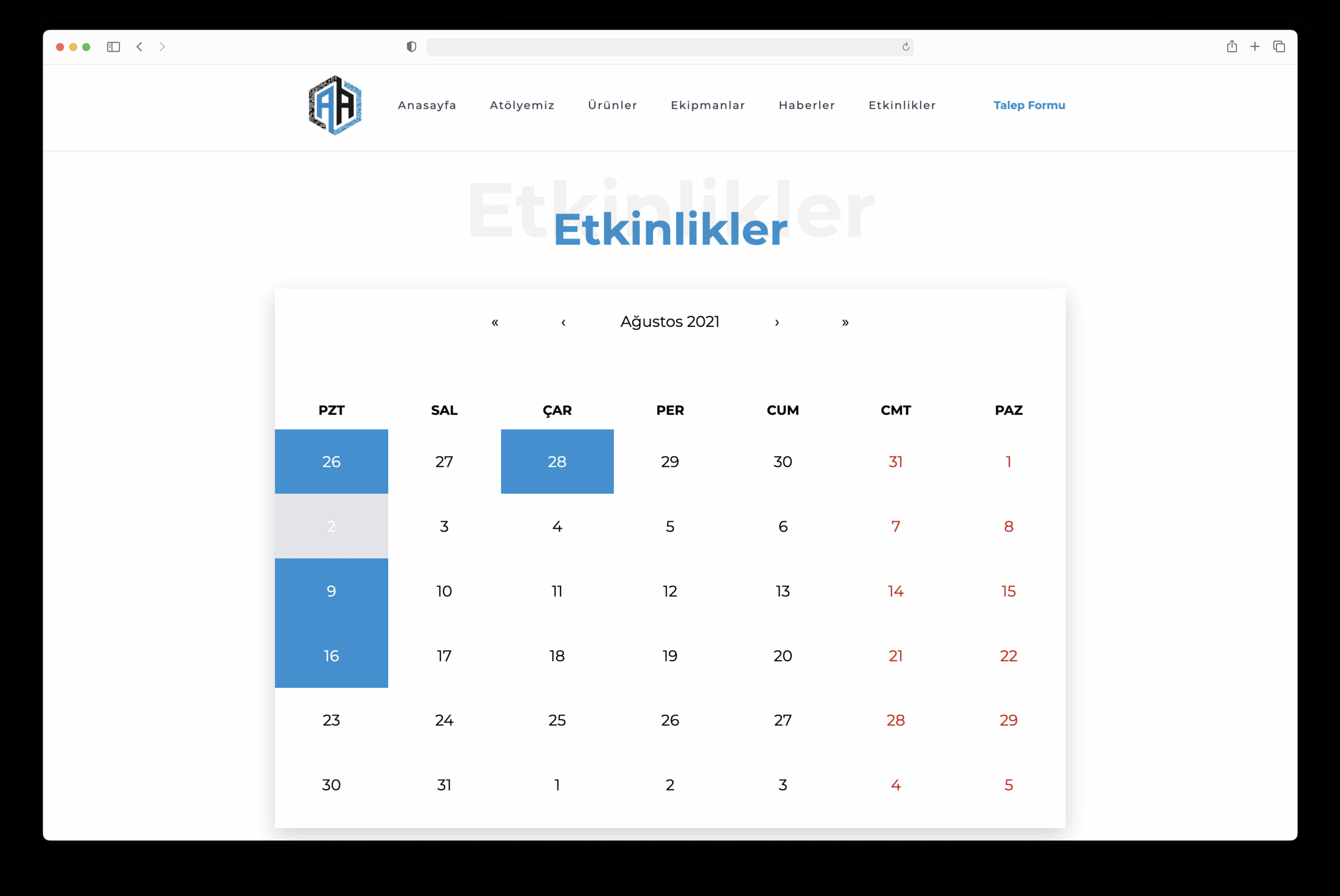 Atölye Ankara web sitesinin etkinlikler sayfası
