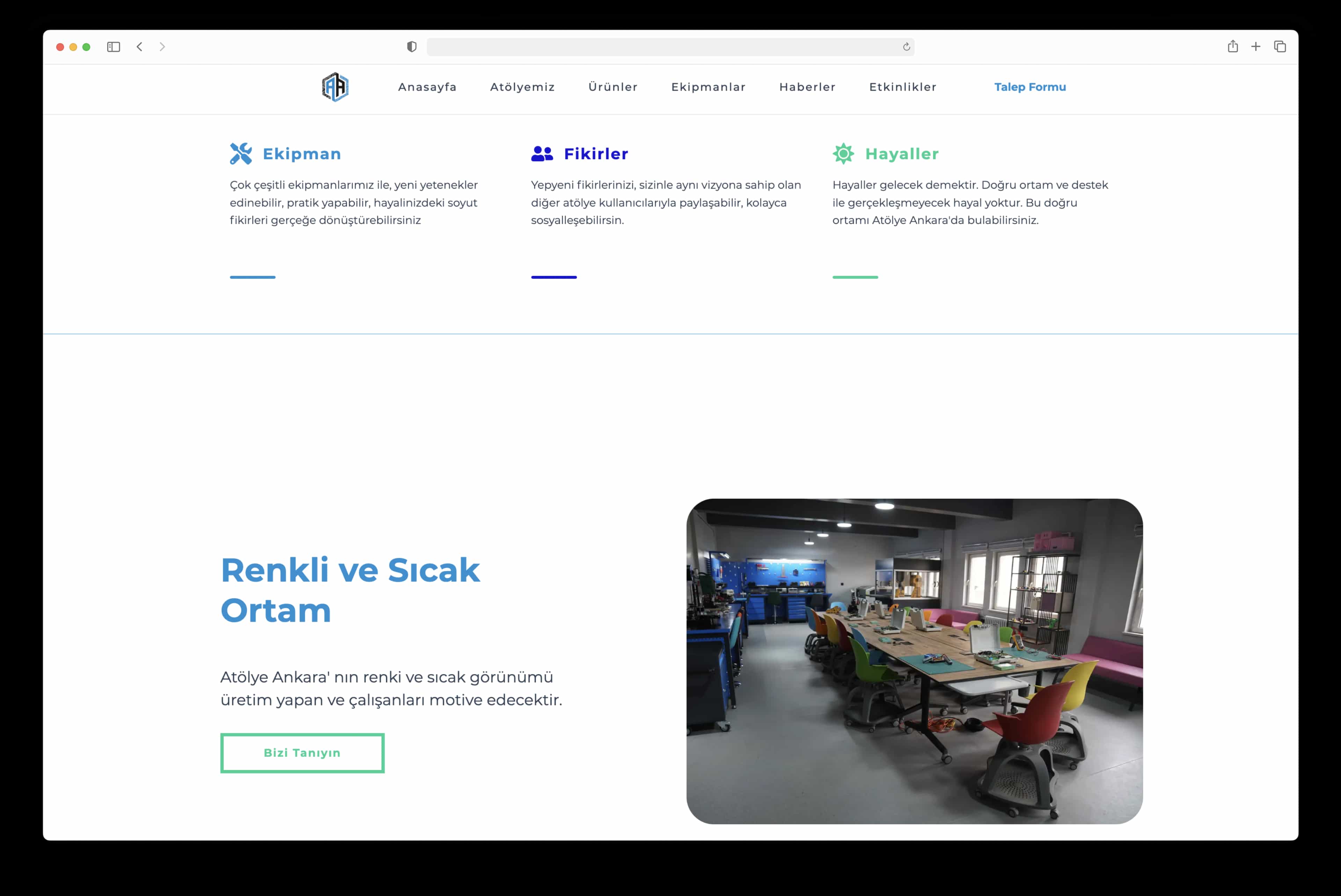 Atölye Ankara web sitesinin bilgi sayfası