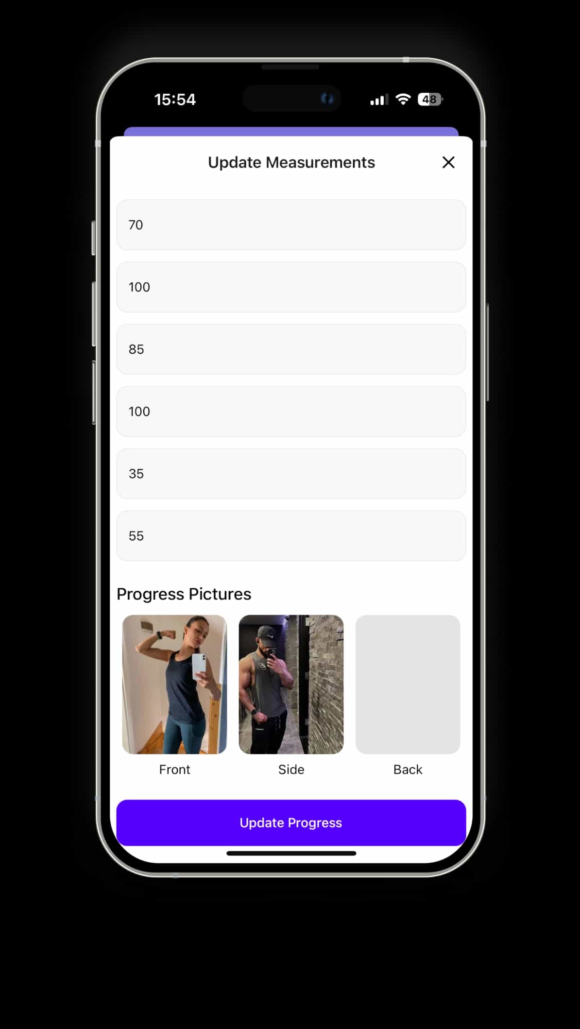 FitNLit body measurement update screen